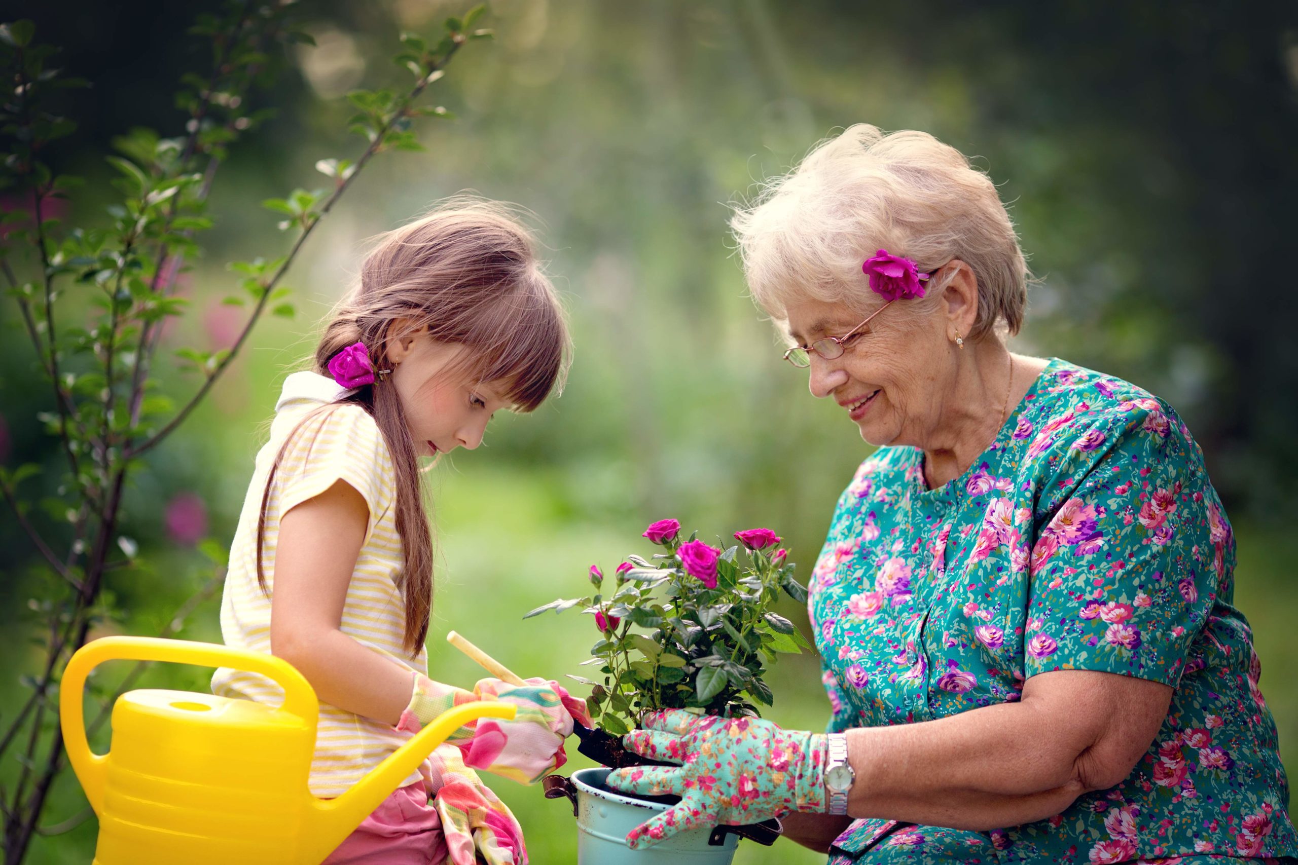Stará mama a vnučka spolu záhradníčia 