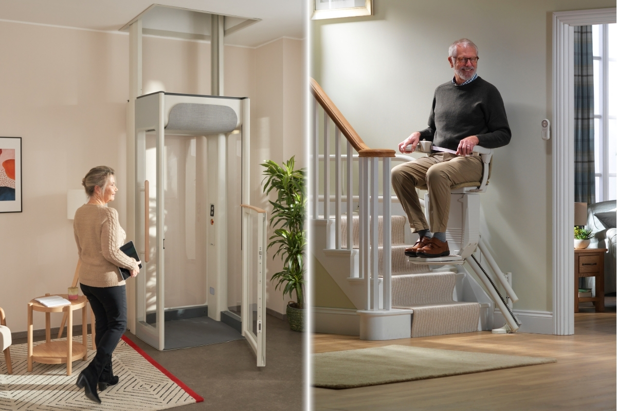 Domáci výťah vľavo a schodiskový výťah vpravo, ktoré používajú starší ľudia v domácom prostredí.